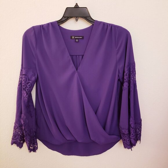 INC Purple Lace Sleeves Faux Wrap Top Size PM EUC - Picture 1 of 8